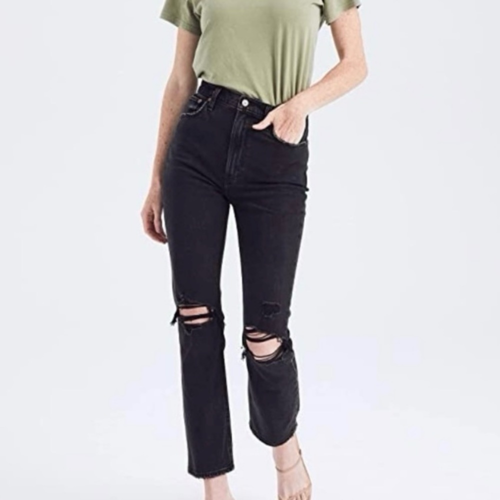 Abercrombie & Fitch The Ankle Straight Ultra High Rise Distressed Black Jean 25